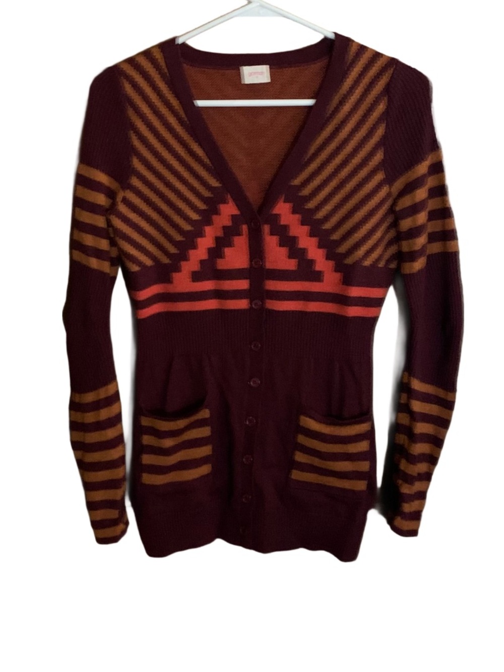 Gormon Geometric Burgundy Button-Up Cardigan with Pockets